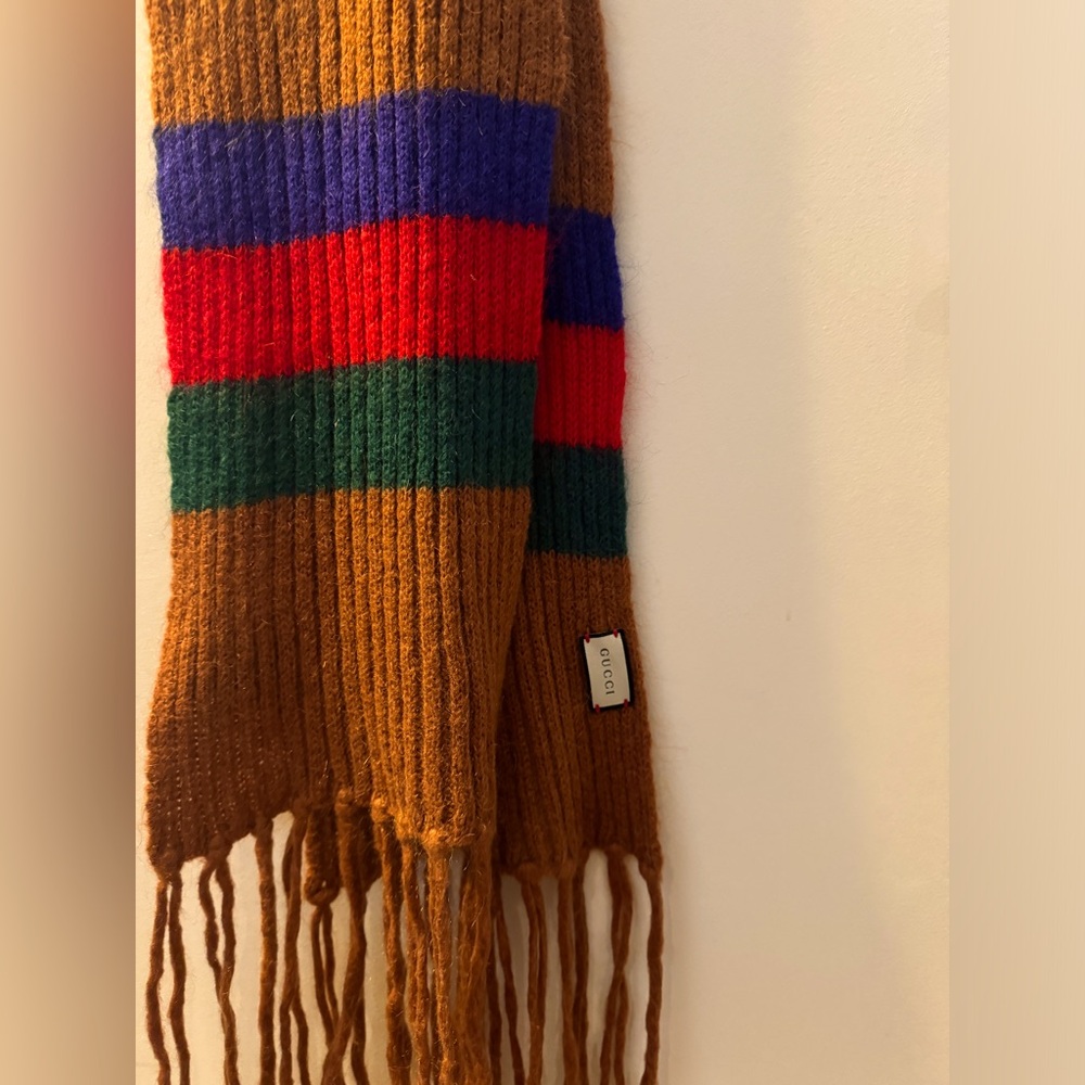 GUCCI knitted sweater scarf with signature stripe detailing and fringe ends